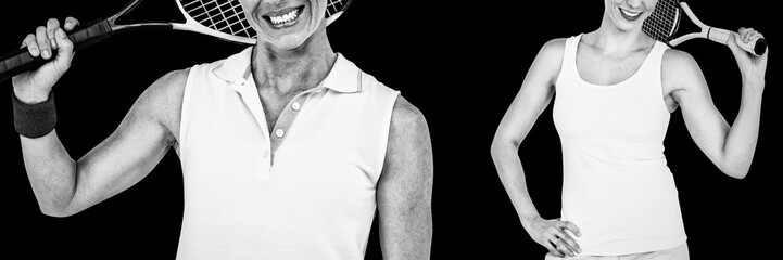 Composite image of portrait of happy athlete holding racquet