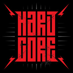 Hardcore - music poster with red lightnings. Hard Core - t-shirt design. T-shirt apparels cool print. - obrazy, fototapety, plakaty