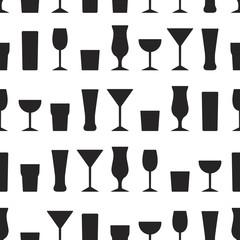 Seamless pattern of silhouettes of different glasses for drinks.