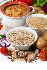 brown rice and quinoa and fresh ingredients for soup, vertical