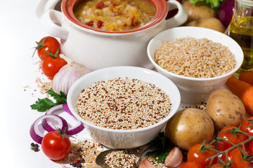 brown rice and quinoa and fresh ingredients for soup