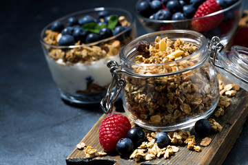 crispy muesli and fresh berries for breakfast on dark background, closeup