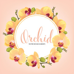 Flower frame with yellow orchid background. Vector set of exotic tropical floral for holiday invitations, greeting card and fashion design.