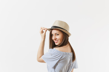 Young tender elegant charming woman dressed blue dress, cute hat with long brunette hair posing isolated on white background. People, sincere emotions, lifestyle concept. Advertising area. Copy space.