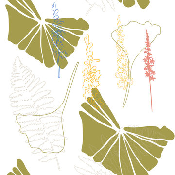 Floral botanical vector seamless pattern with hand drawn agrimony herb flowers  and tropical  leaves in pastel colors.