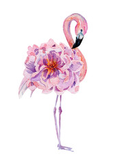 Watercolor flamingo with exotic flowers. Hand drawn illustration.