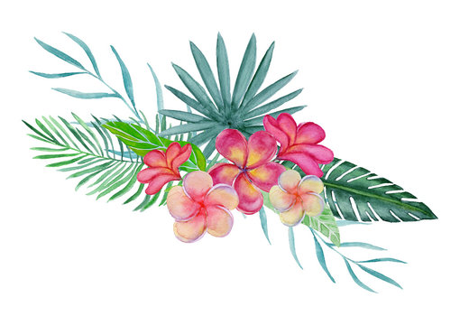 Watercolor bouquet with tropical flowers.