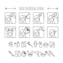 Hair coloring and styling process. 8 Steps of how to change hair color in salon or at home.Vector icons