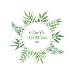 Hand drawn watercolor illustration. Botanical label with green branches and leaves. Tropical Summer mood. Floral Design elements. Perfect for invitations, greeting cards, prints, posters, packing