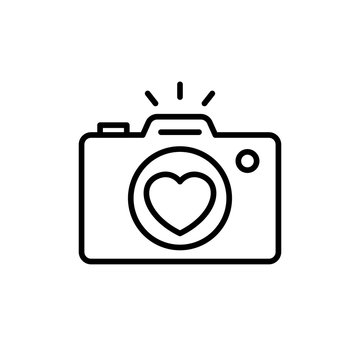 wedding party camera photography documentation icon. camera with love lens illustration for wedding concept design. simple clean monoline symbol.
