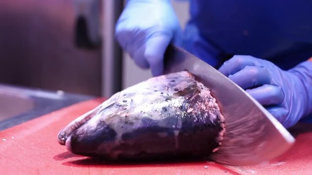 the fishmonger cuts fish slice
