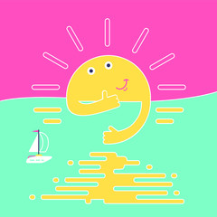 Good evening, sunset sun with smile and thumb up behind river shows thumb up. Sky, river, smiling sun and little ship or boat on the evening minimal abstract flat style vector illustration