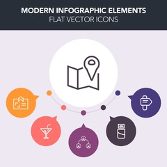 Modern, simple, colorful vector infographic background with direction, usb, document, tropical, cocktail, map, alcohol, device, id, travel, summer, ice, party, structure, road, identification icons