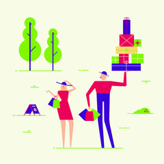 Couple of male and female people shopping. Man and woman with boxes and packs vector illustration flat style. Shop, trees, grass and environment. Buyers, customers or happy clients minimal, abstract