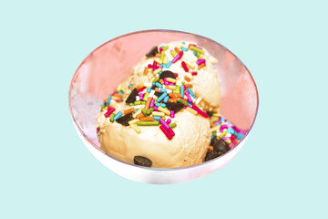 Minimal ice cream in retro metal bowls to creative for design and decoration isolate on background.Copy space.(Pastel tone).Clipping path