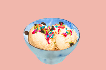 Minimal ice cream in retro metal bowls to creative for design and decoration isolate on background.Copy space.(Pastel tone).Clipping path