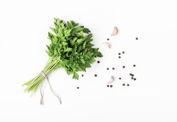 Herbs and spices isolated on white background. Parsley, garlic and pepper. Ingredients for cooking....