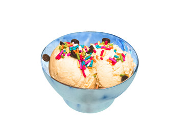 Minimal ice cream in retro metal bowls to creative for design and decoration isolate on background.Copy space.(Pastel tone).Clipping path
