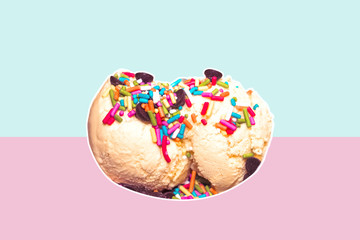Minimal ice cream in retro metal bowls to creative for design and decoration isolate on background.Copy space.(Pastel tone).Clipping path