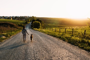 A pretty girl leads a dog next to her on the road