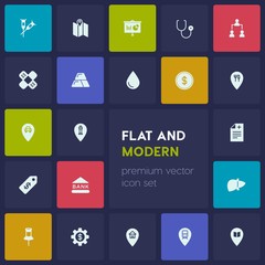 Modern Simple Set of business, health, location Vector fill Icons. Contains such Icons as  travel,  pin,  light, hierarchy, health,  bank and more on dark background. Fully Editable. Pixel Perfect