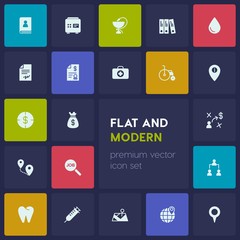 Modern Simple Set of business, health, location Vector fill Icons. Contains such Icons as  folder,  currency,  medicine,  pin,  organization and more on dark background. Fully Editable. Pixel Perfect