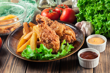 Crispy fried kentucky chicken legs with french fries