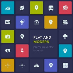 Modern Simple Set of business, health, location Vector fill Icons. Contains such Icons as  financial, business,  transportation,  bank, map and more on dark background. Fully Editable. Pixel Perfect