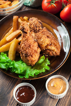 Crispy fried kentucky chicken legs with french fries