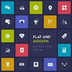 Modern Simple Set of business, health, location Vector fill Icons. Contains such Icons as  beat, calculator,  clock,  marker,  safe, sale and more on dark background. Fully Editable. Pixel Perfect