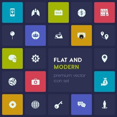 Modern Simple Set of business, health, location Vector fill Icons. Contains such Icons as  key, mobile,  communication,  home, sale,  medical and more on dark background. Fully Editable. Pixel Perfect