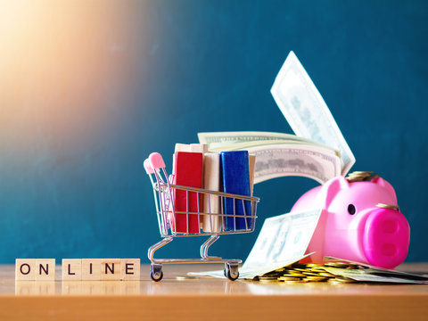 pink color Pig save bank,shopping on line concept