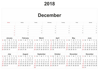 2018 monthly calendar with white background.