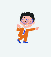Businessman with glasses pointing to something funny on his left.