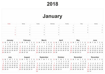 2018 monthly calendar with white background.