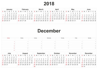 2018 monthly calendar with white background.