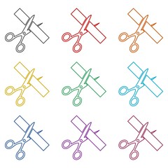 Scissors cut ribbon, cutting ribbon icon, color icons set