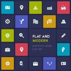 Modern Simple Set of business, health, location Vector fill Icons. Contains such Icons as  finance,  center,  balance,  clock,  pyramid,  id and more on dark background. Fully Editable. Pixel Perfect