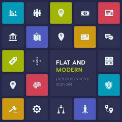 Modern Simple Set of business, health, location Vector fill Icons. Contains such Icons as  gavel, location,  group,  financial,  bank,  idea and more on dark background. Fully Editable. Pixel Perfect