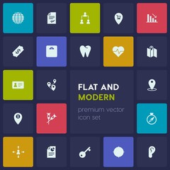 Modern Simple Set of business, health, location Vector fill Icons. Contains such Icons as  abstract,  earth, target,  contract, health, ear and more on dark background. Fully Editable. Pixel Perfect