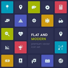 Modern Simple Set of business, health, location Vector fill Icons. Contains such Icons as  healthy,  technology,  offer, usd,  pin, sale and more on dark background. Fully Editable. Pixel Perfect