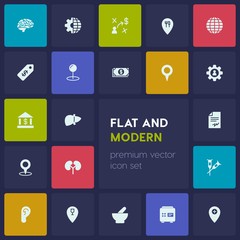 Modern Simple Set of business, health, location Vector fill Icons. Contains such Icons as globe,  security, ear,  human,  medical,  add, safe and more on dark background. Fully Editable. Pixel Perfect