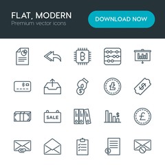 Modern Simple Set of business, money, email Vector outline Icons. Contains such Icons as  bill,  check, open,  web,  euro,  tax,  forward and more on white background. Fully Editable. Pixel Perfect