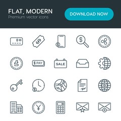 Modern Simple Set of business, money, email Vector outline Icons. Contains such Icons as  nfc, mail, money,  investment,  payment,  banner and more on white background. Fully Editable. Pixel Perfect