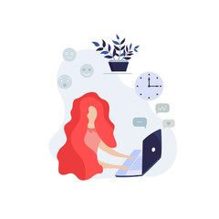 Flat girl. Business illustration.Business woman at work. Office worker woman behind the a work desk. Vector illustration of a flat design.
