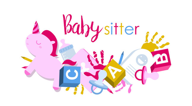 Signboard or logo for babysitter with kids toys, handprints, baby pacifier and pencils