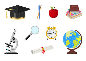Vector illustration. School accessories set with graduation hat , microscope, alarm clock, stationery, scroll, globe.
