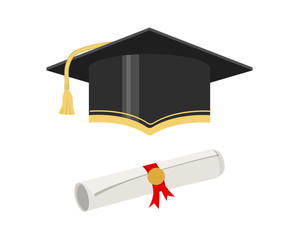 Vector illustration. Graduation cap and rolled diploma scroll with stamp on a white background.