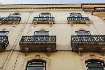 Old colorful and majestic tiled facades in Lisbon