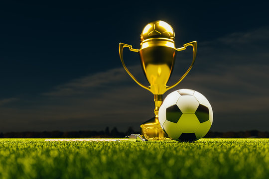 Fussball und Pokal auf Rasenplatz
